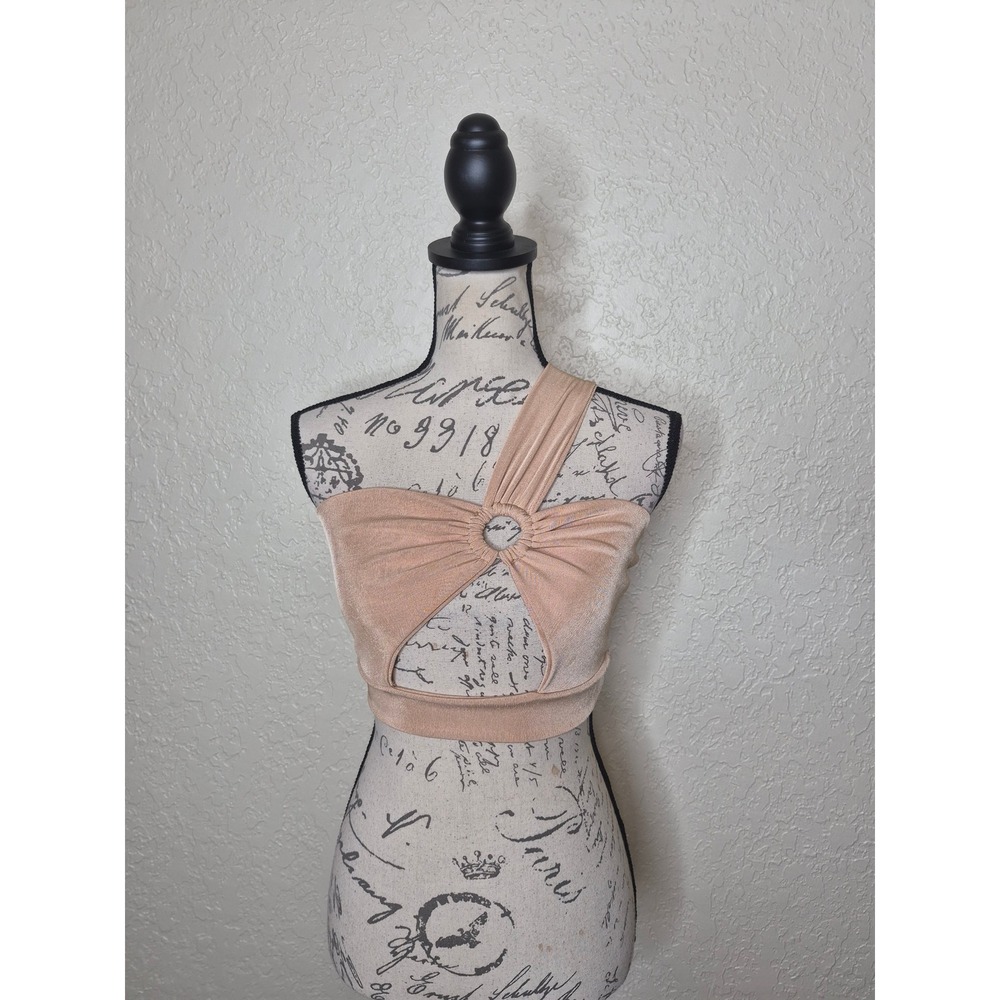 Annes Apparel One Shoulder O-Ring Cutout Crop Top Tan Size Large